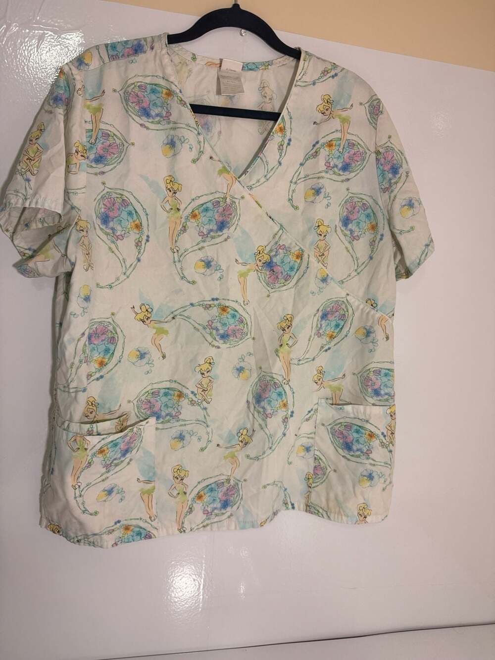 Disney Tinkerbell Scrub Top, White, XL/XG